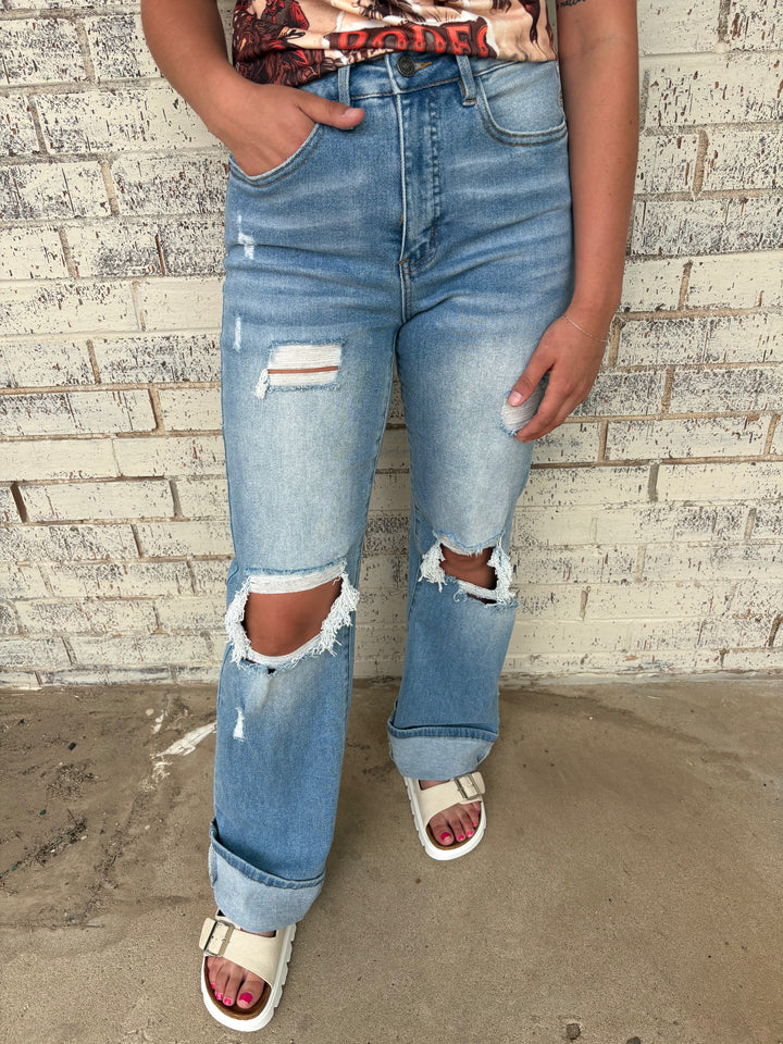 L&B Light Wash High Rise Distressed Bootcut Jeans*