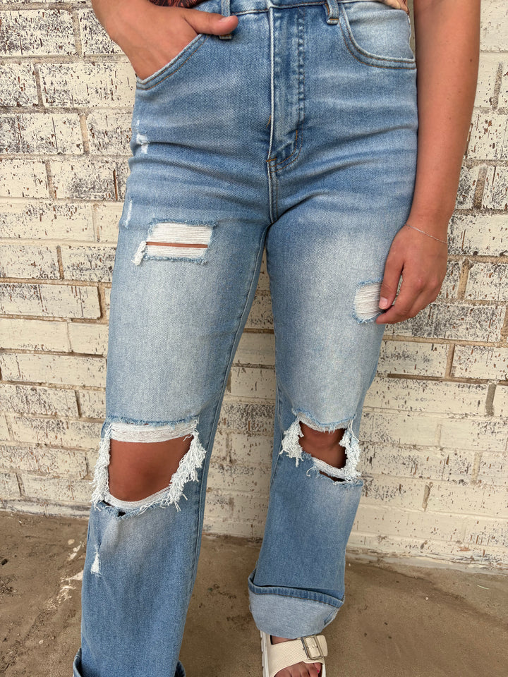 L&B Light Wash High Rise Distressed Bootcut Jeans*