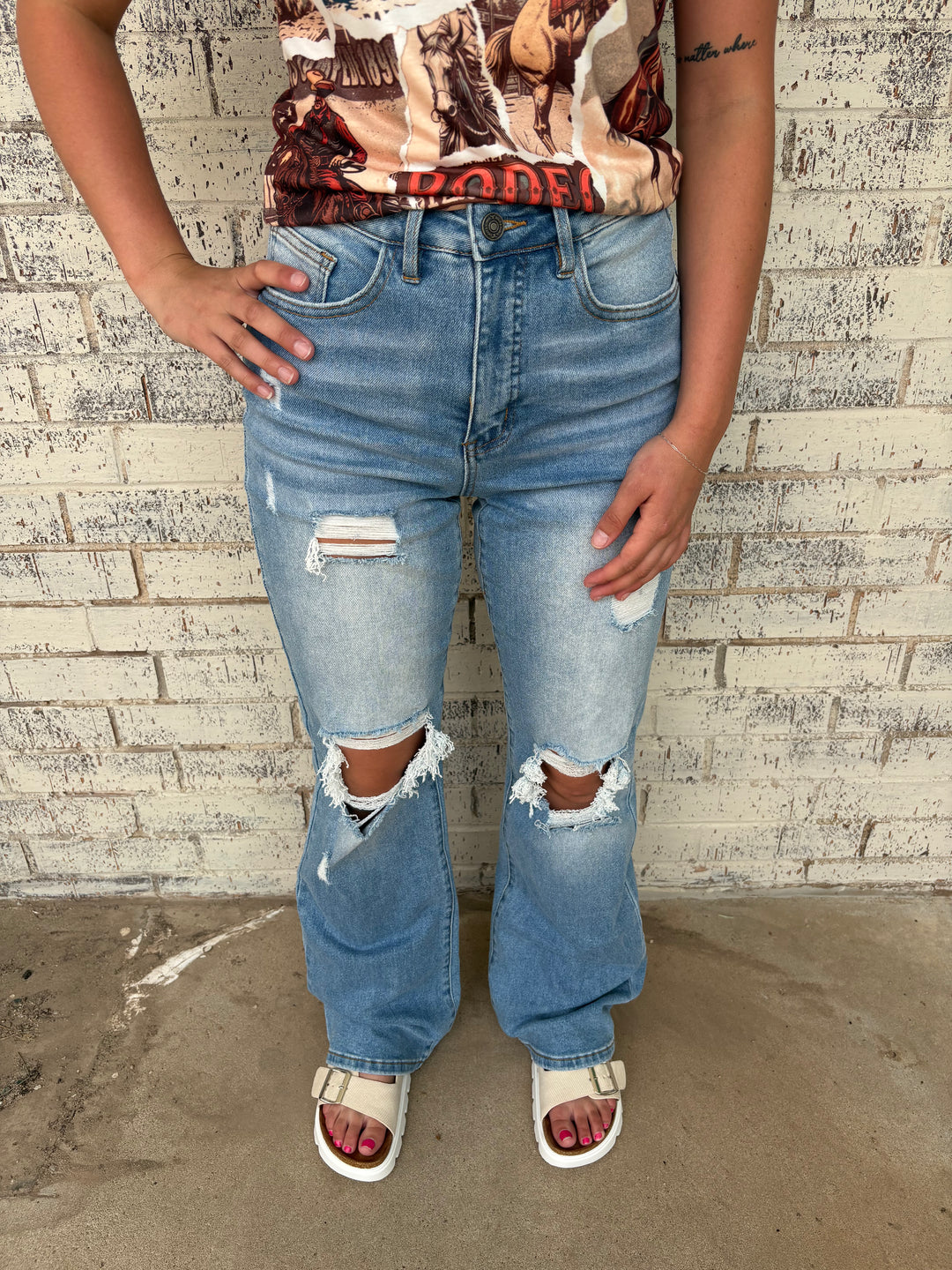 L&B Light Wash High Rise Distressed Bootcut Jeans*