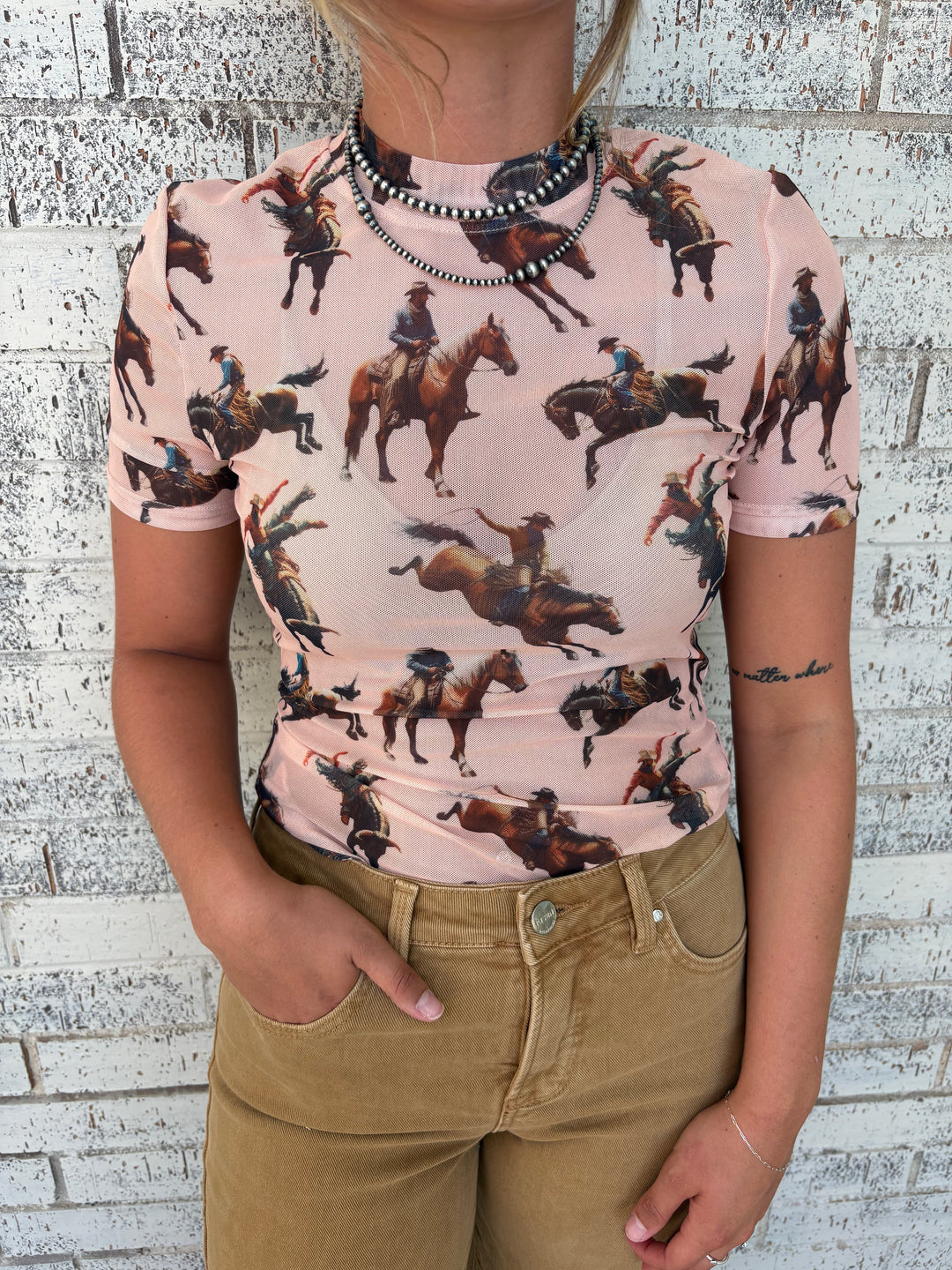 L&B Peach Horse Short Sleeve Mesh Top