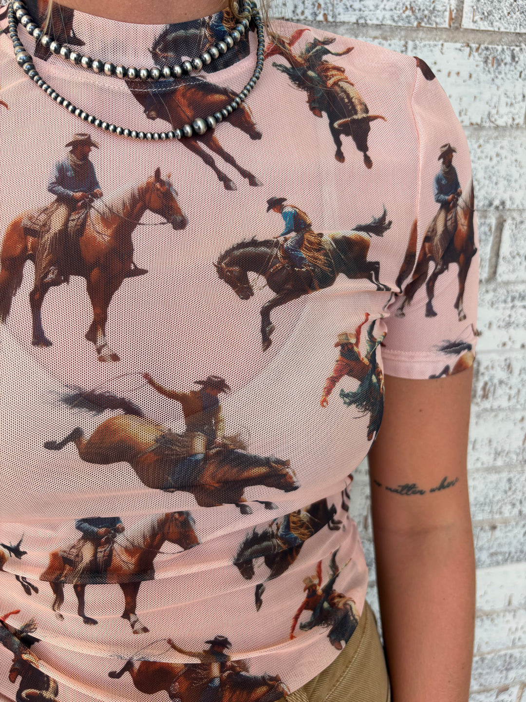 L&B Peach Horse Short Sleeve Mesh Top