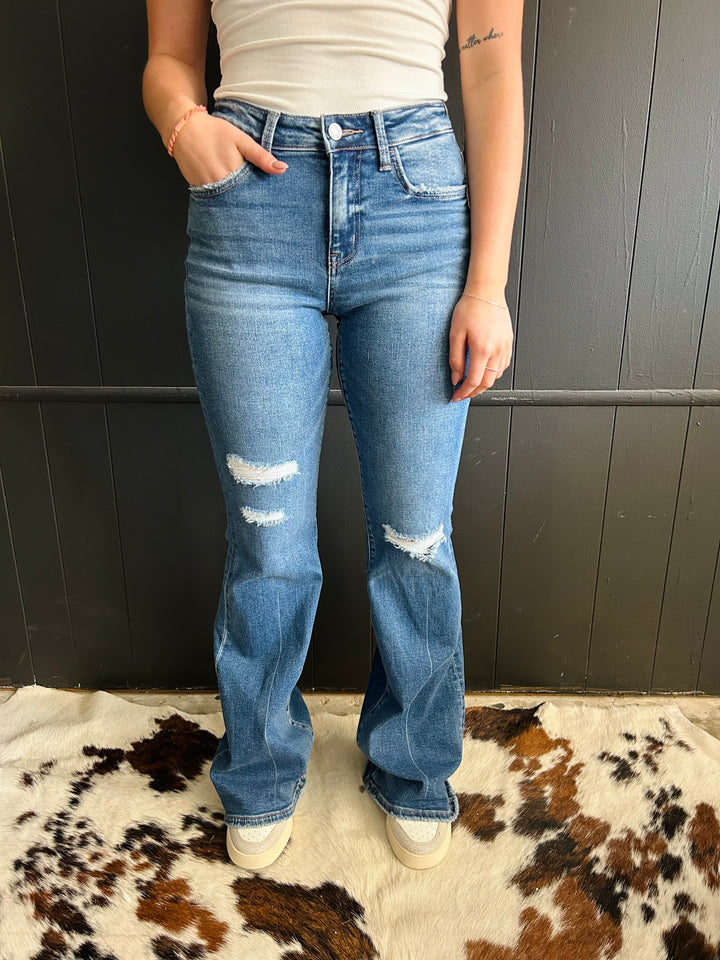 Mid Rise Classic Flare Distressed Jeans*