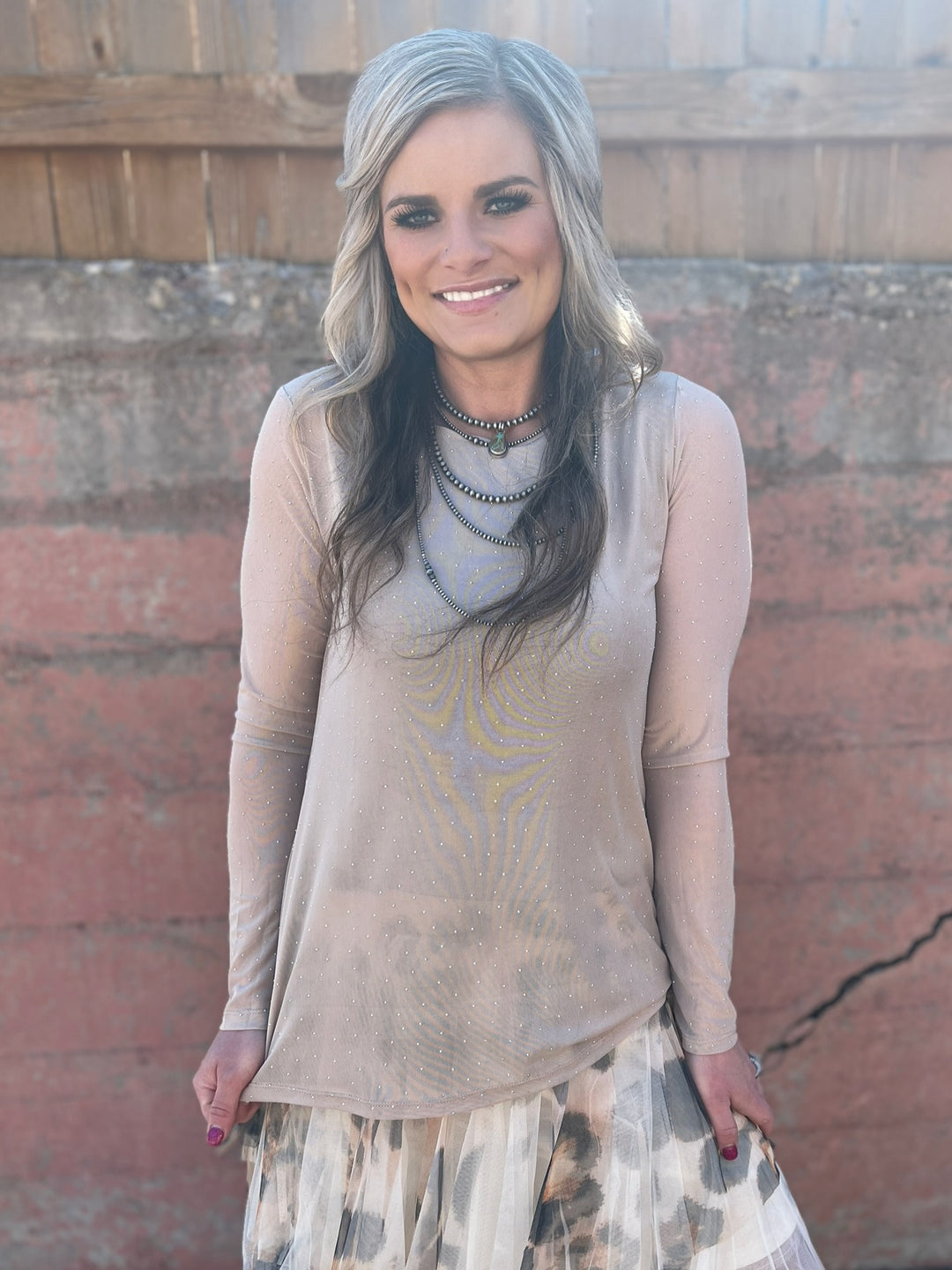 Origami Taupe Rhinestone Mesh Long Length Loose Fitting Top