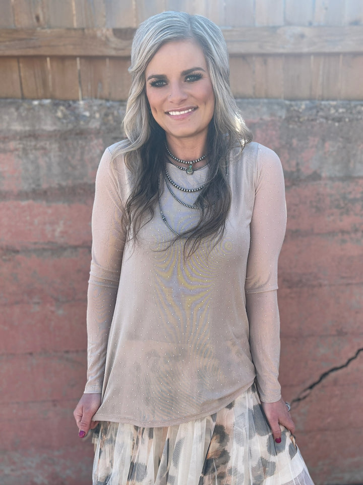 Origami Taupe Rhinestone Mesh Long Length Loose Fitting Top