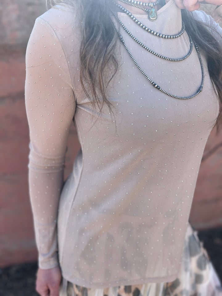 Origami Taupe Rhinestone Mesh Long Length Loose Fitting Top