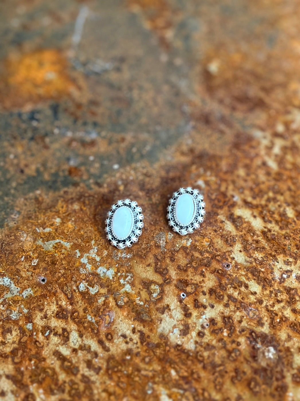 Oval White Stone Post Earrings | gussieduponline