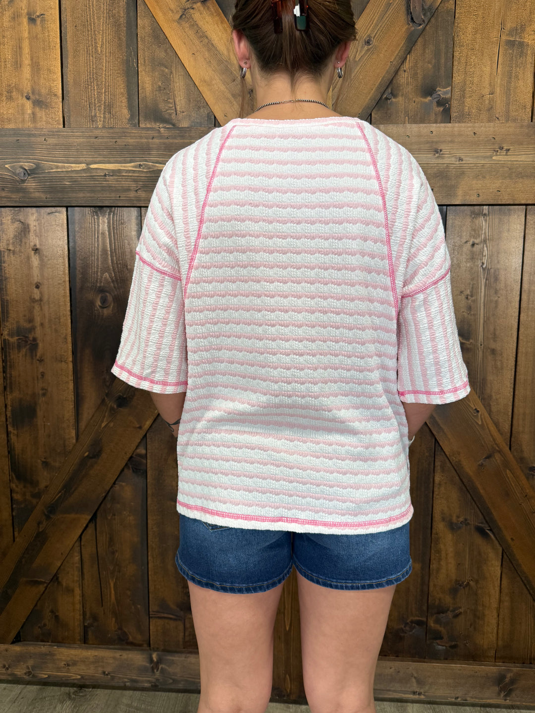Pink Stripe Knit Split Short Sleeve Top