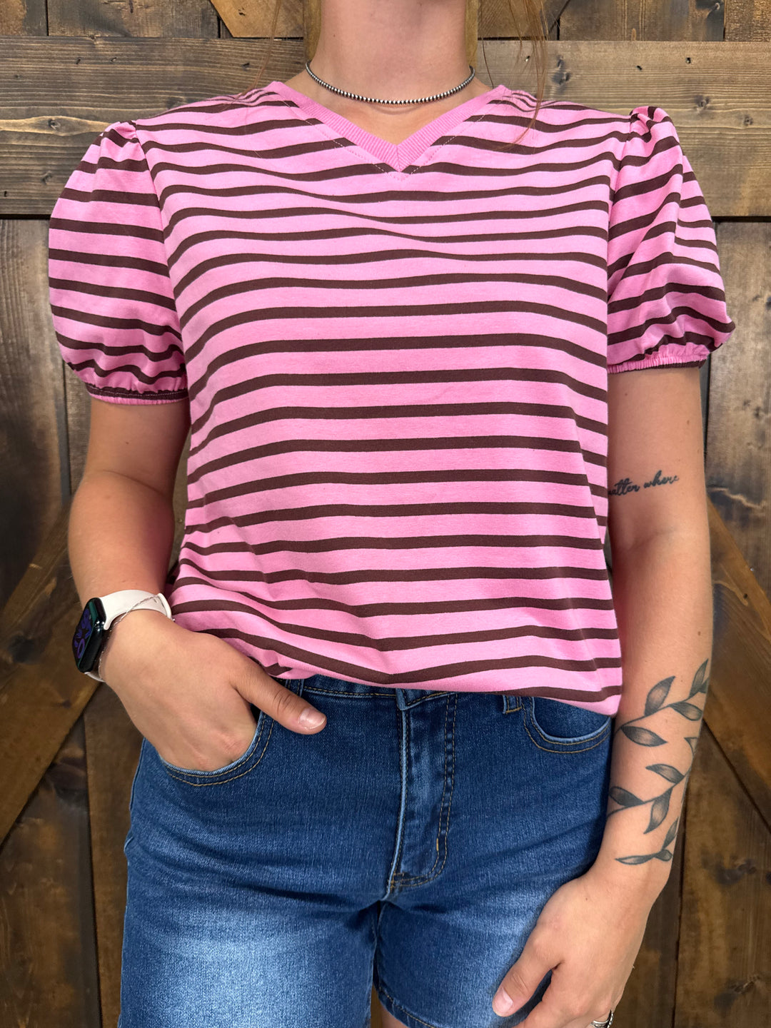 Pink & Brown Stripe Short Puff Sleeve Loose Tee