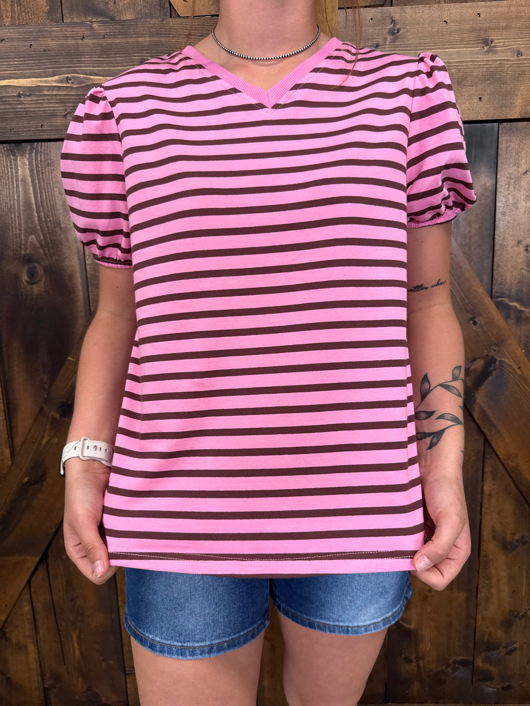 Pink & Brown Stripe Short Puff Sleeve Loose Tee