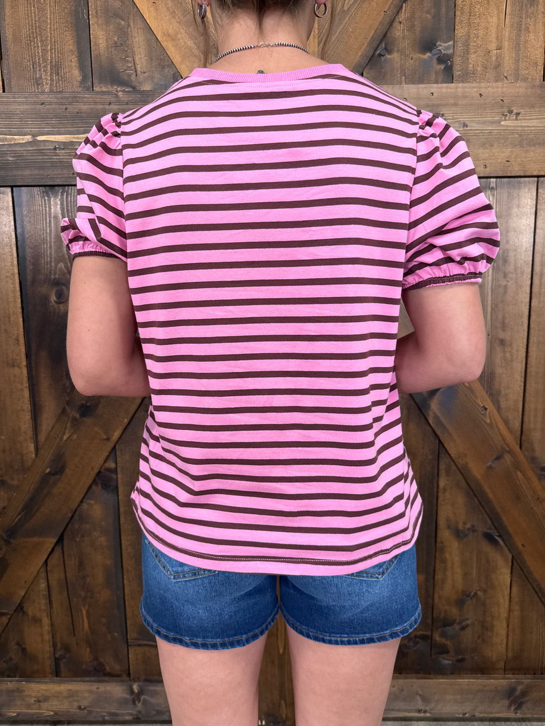 Pink & Brown Stripe Short Puff Sleeve Loose Tee