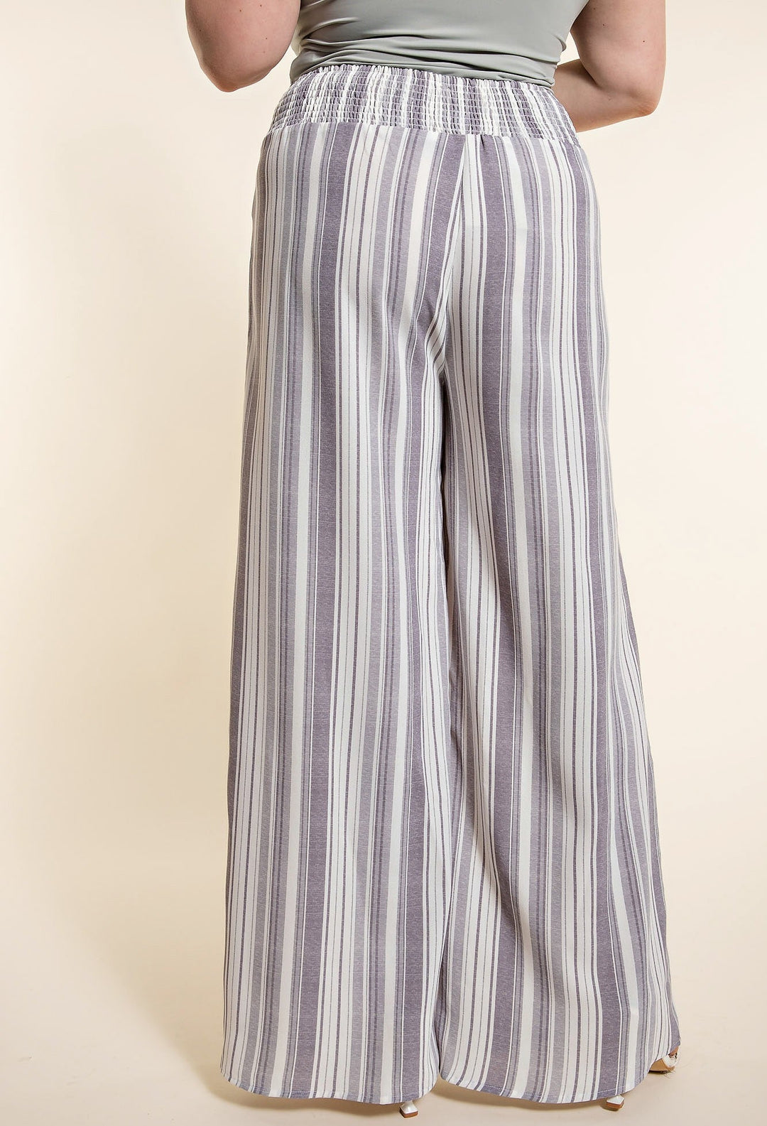 Plus Grey Stripe Smocked Pants | gussieduponline