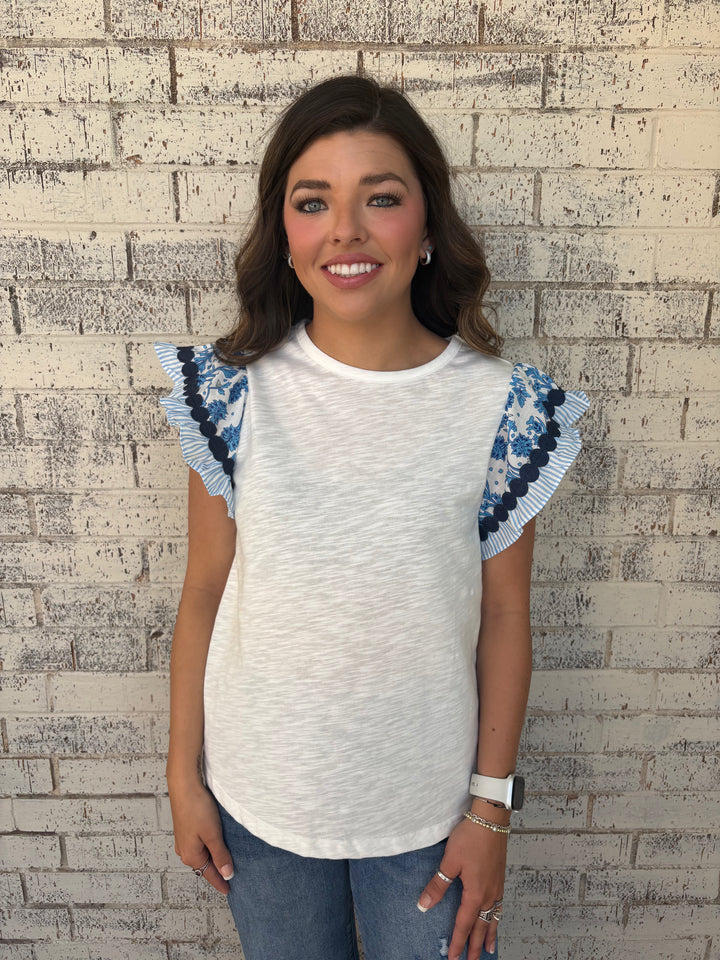 Ricrac Trim Printed Flutter Sleeve Contrast Blouse 2 Colors*