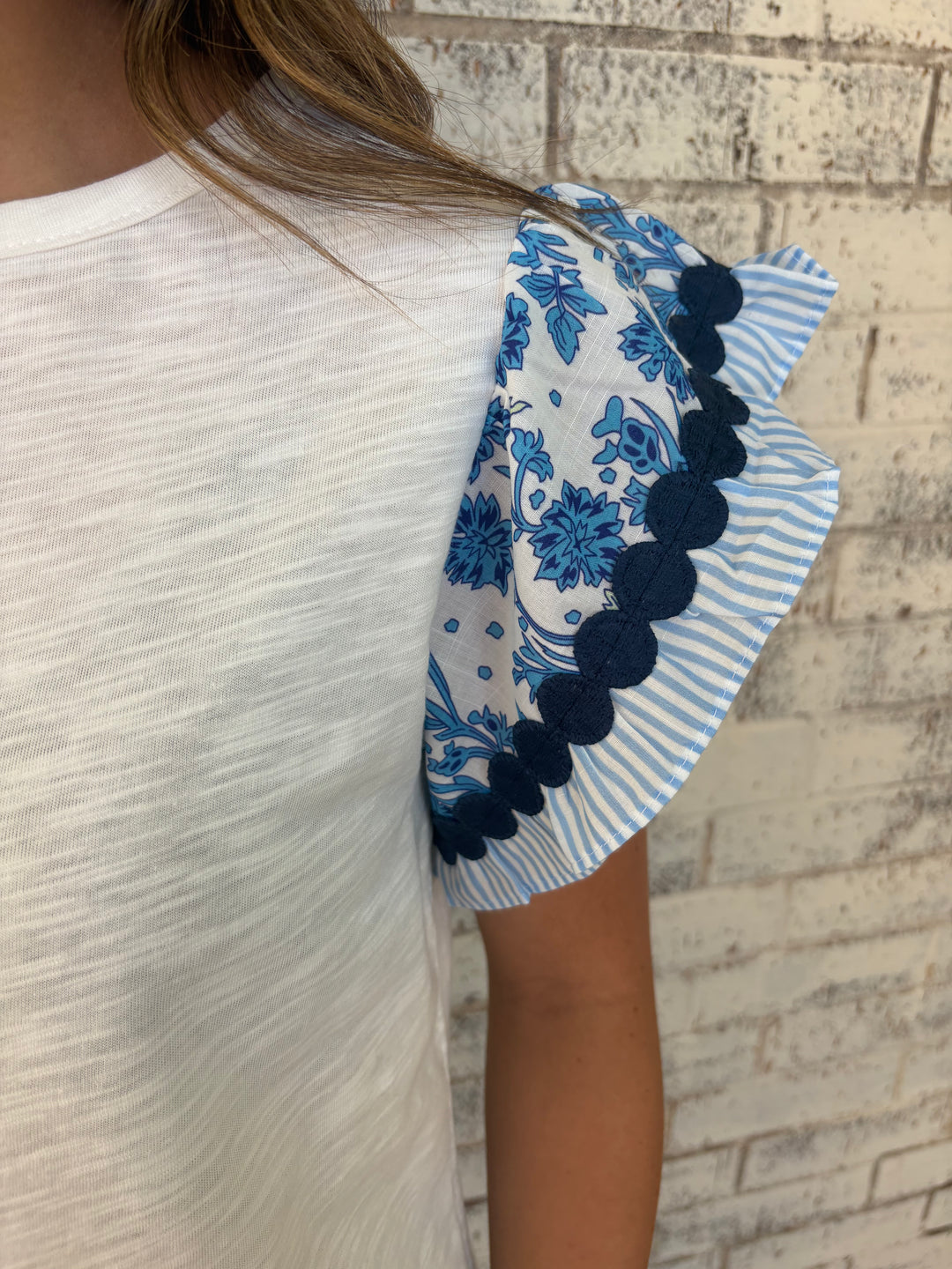 Ricrac Trim Printed Flutter Sleeve Contrast Blouse 2 Colors*