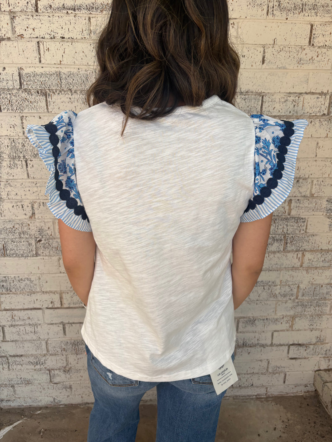 Ricrac Trim Printed Flutter Sleeve Contrast Blouse 2 Colors*