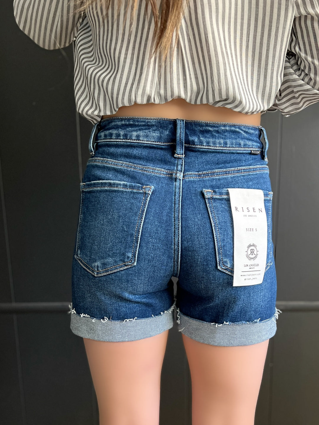 Risen Dark Wash High Rise Cuffed Denim Shorts*