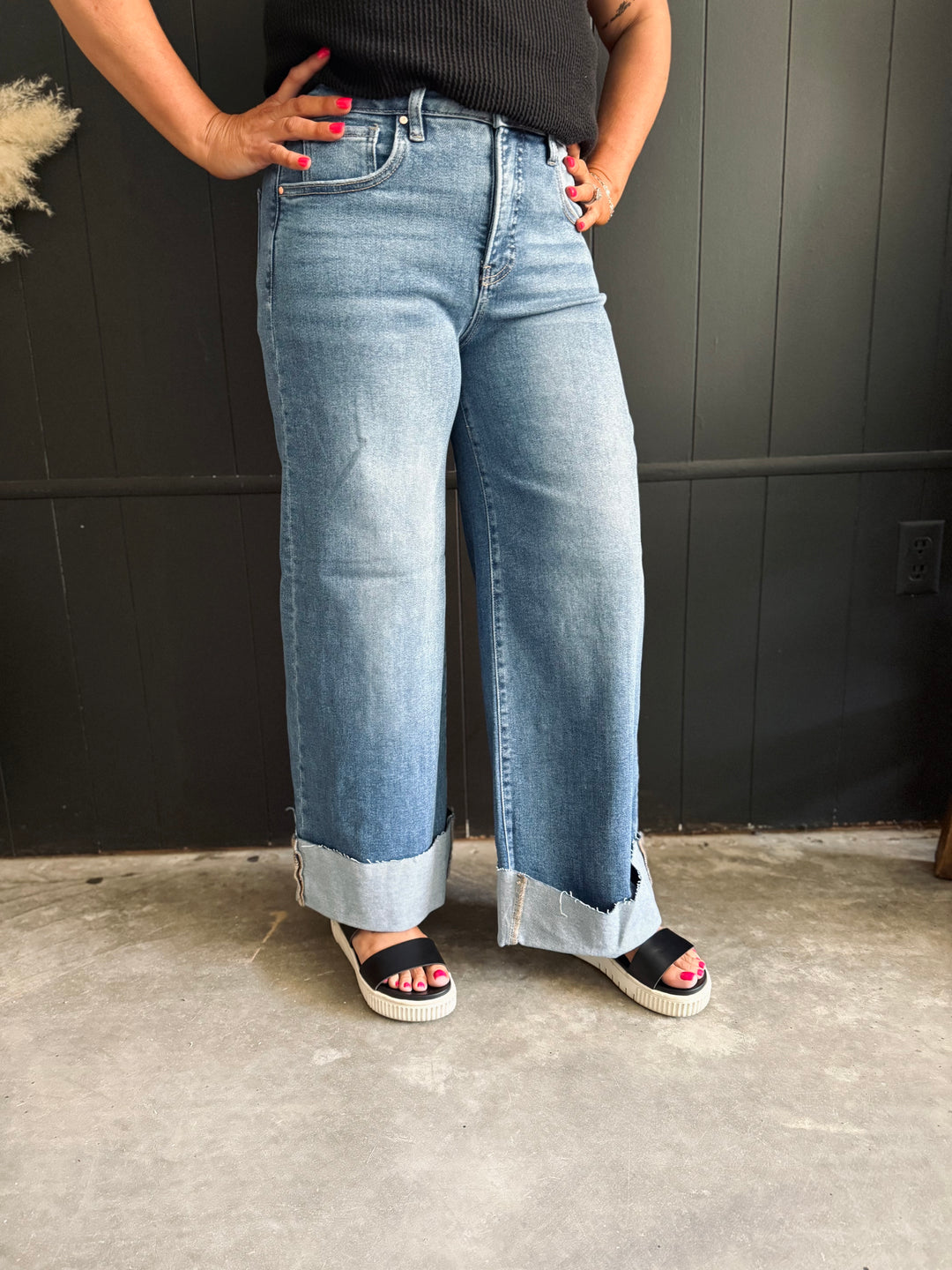 Risen High Rise Wide Leg Cuffed Jeans