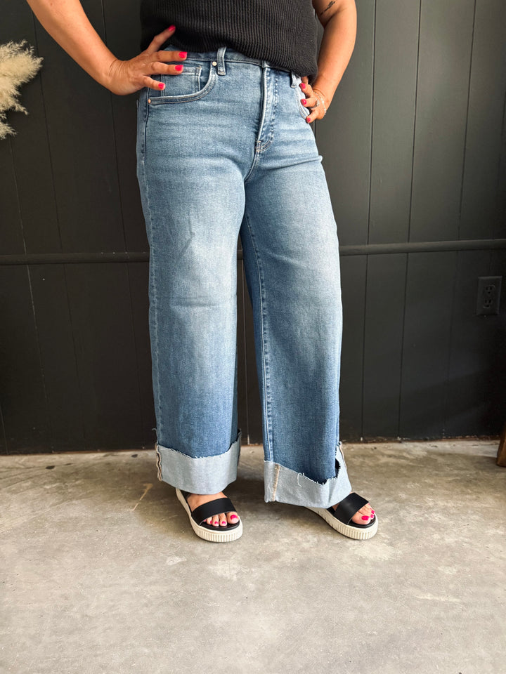 Risen High Rise Wide Leg Cuffed Jeans