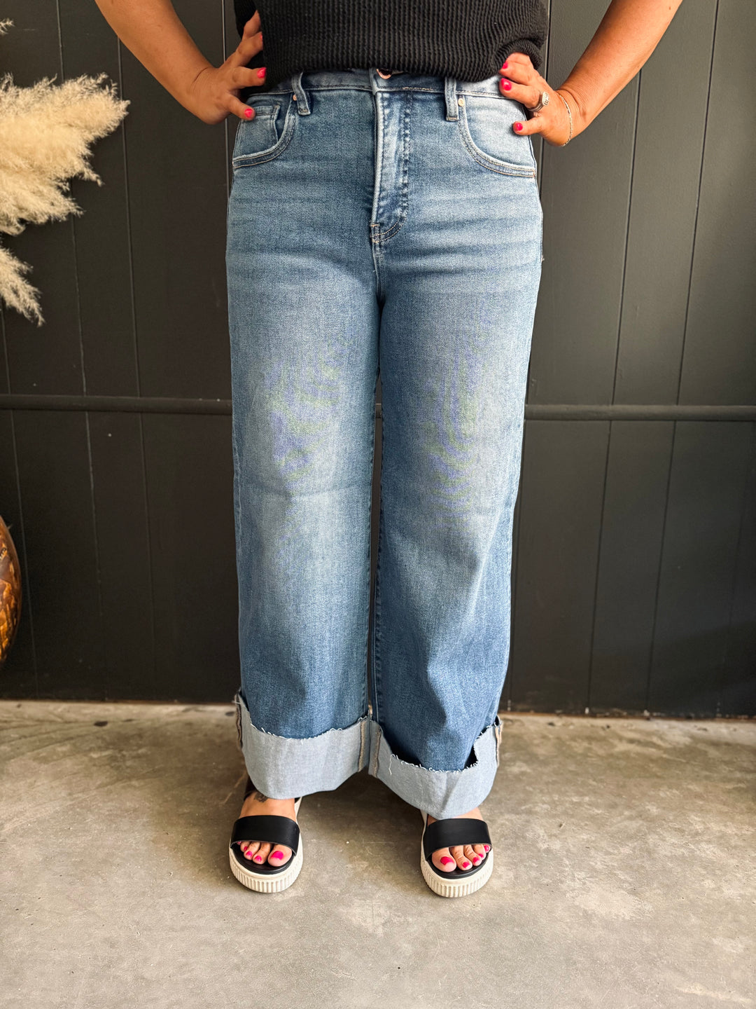 Risen High Rise Wide Leg Cuffed Jeans