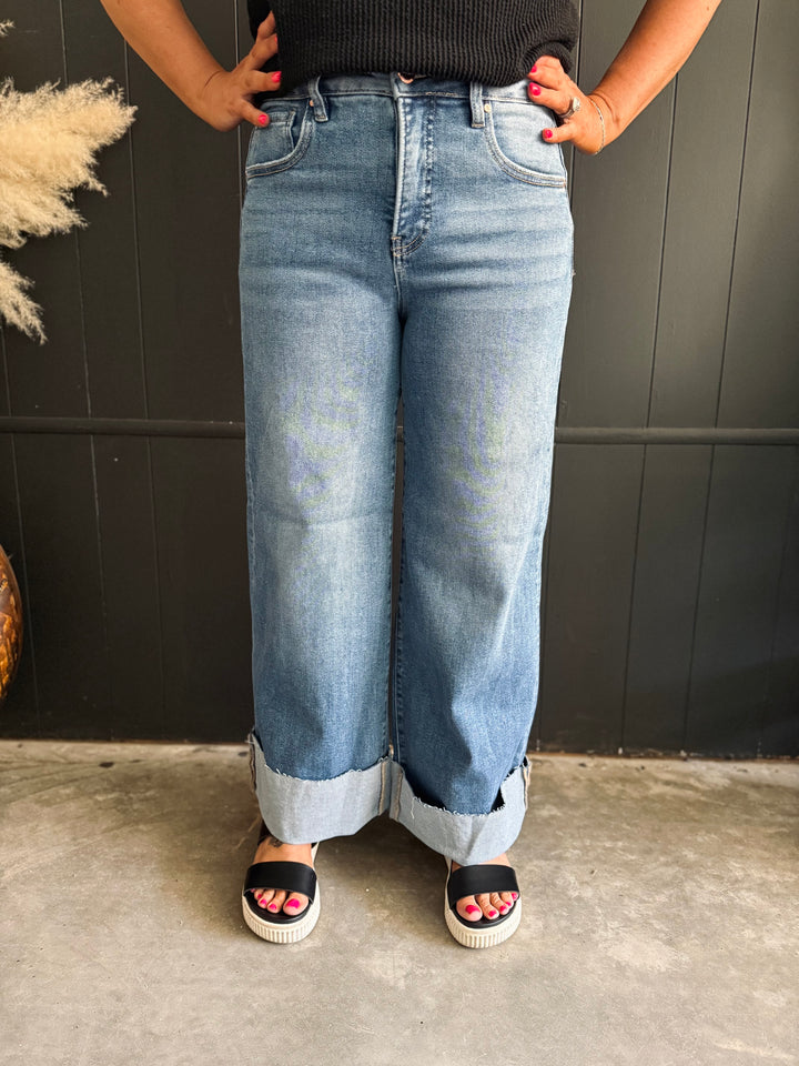 Risen High Rise Wide Leg Cuffed Jeans
