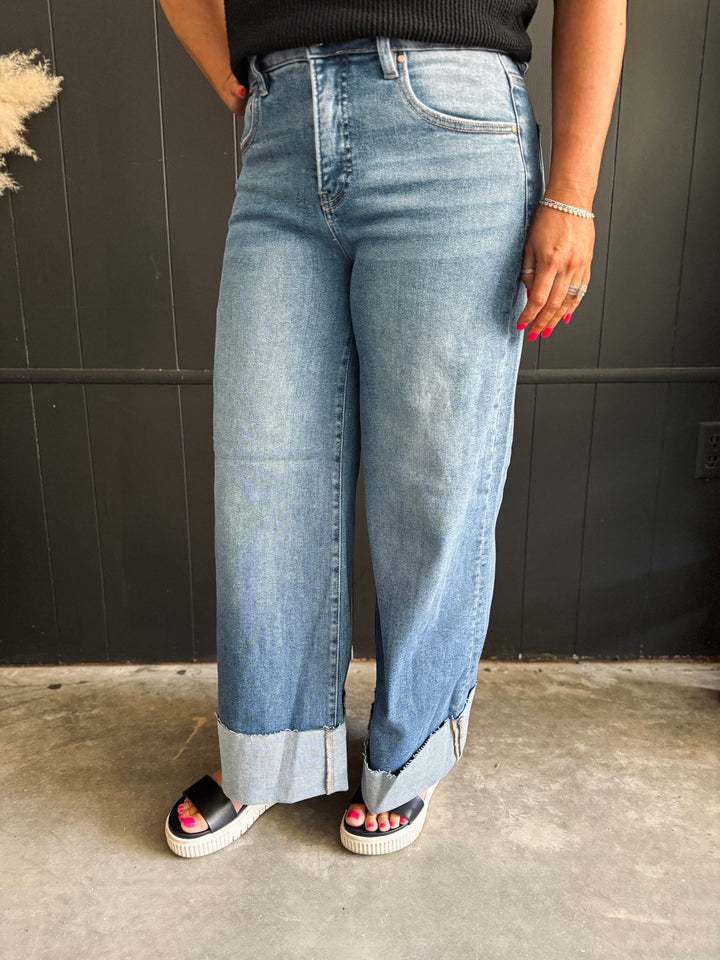 Risen High Rise Wide Leg Cuffed Jeans