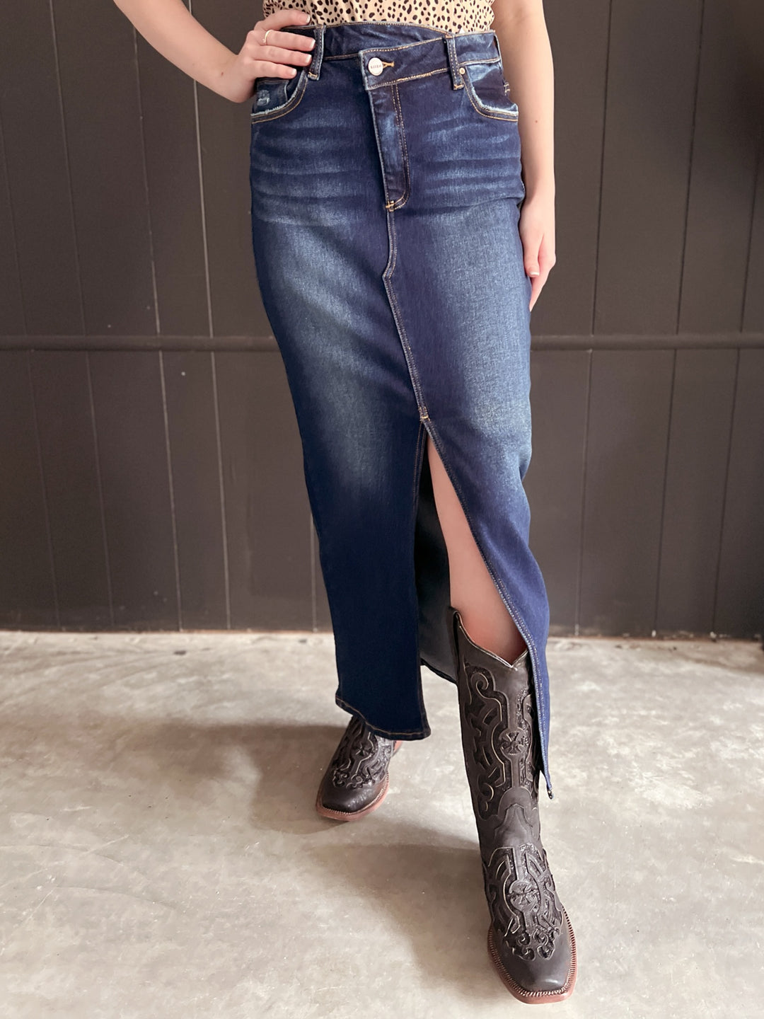 Risen Long Dark Wash Slit Skirt With Crisscross Button