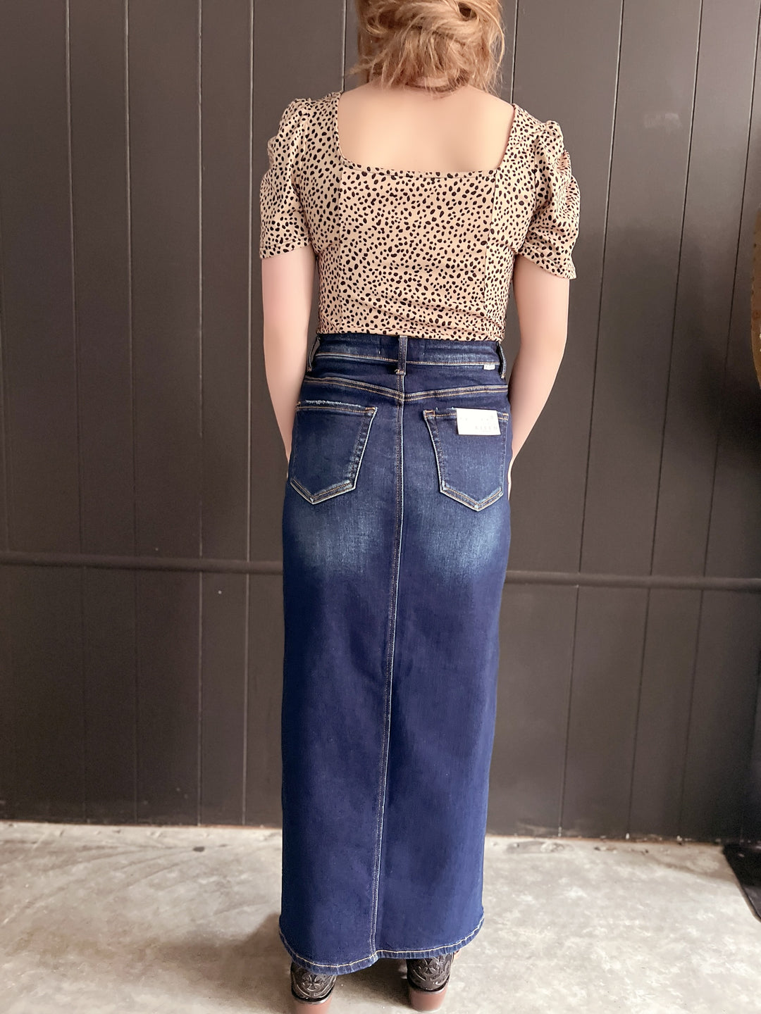 Risen Long Dark Wash Slit Skirt With Crisscross Button