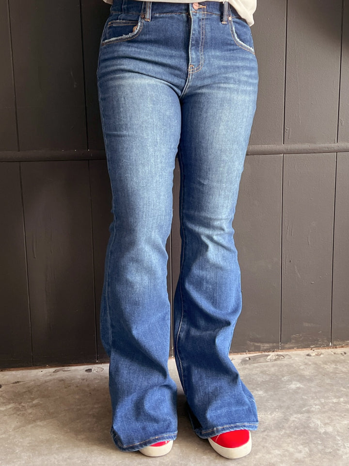 Risen Vintage Style High Rise Double Button Flare Jeans