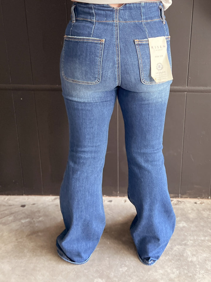 Risen Vintage Style High Rise Double Button Flare Jeans