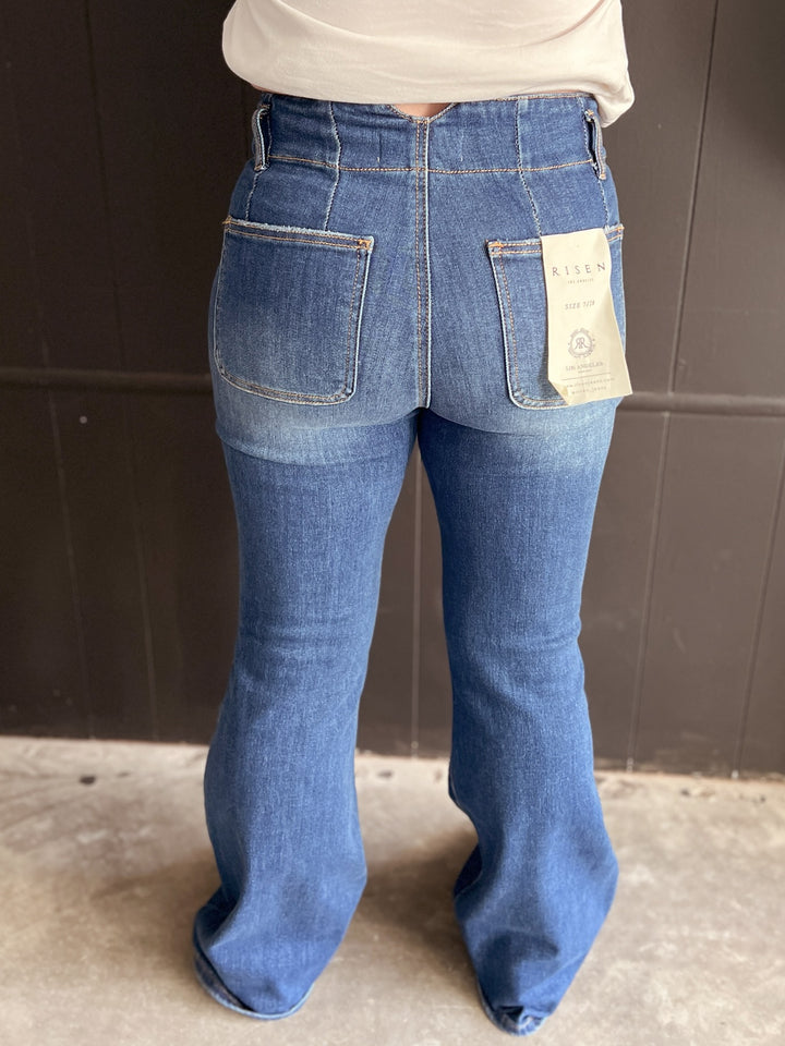 Risen Vintage Style High Rise Double Button Flare Jeans