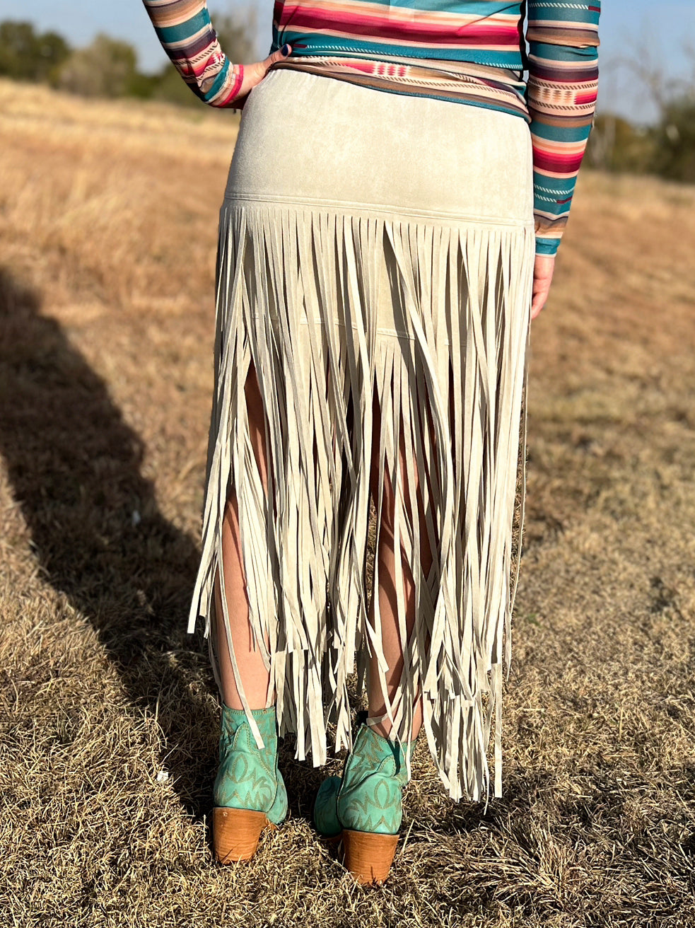 Rodeo Queen Suede Fringe Skirt Beige | gussieduponline