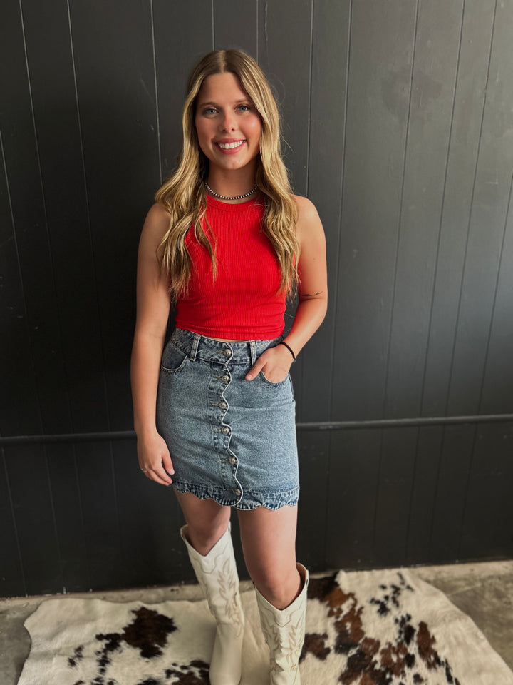 Scallop Buttoned Front Denim Skirt*