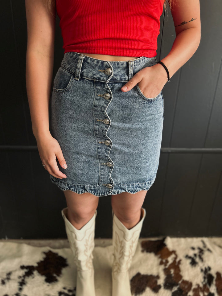 Scallop Buttoned Front Denim Skirt*