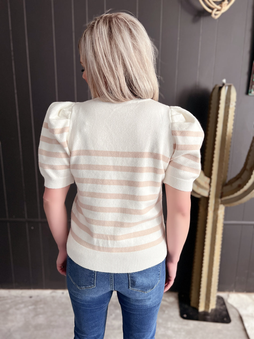 Short Sleeve Off White Striped Sweater Top