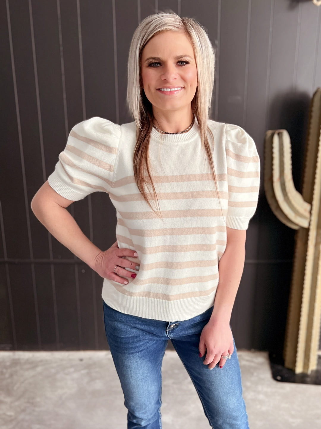 Short Sleeve Off White Striped Sweater Top