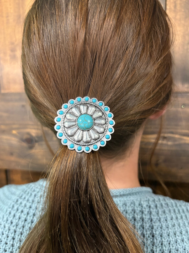 Silver Concho Hair Tie with Turquoise Stones