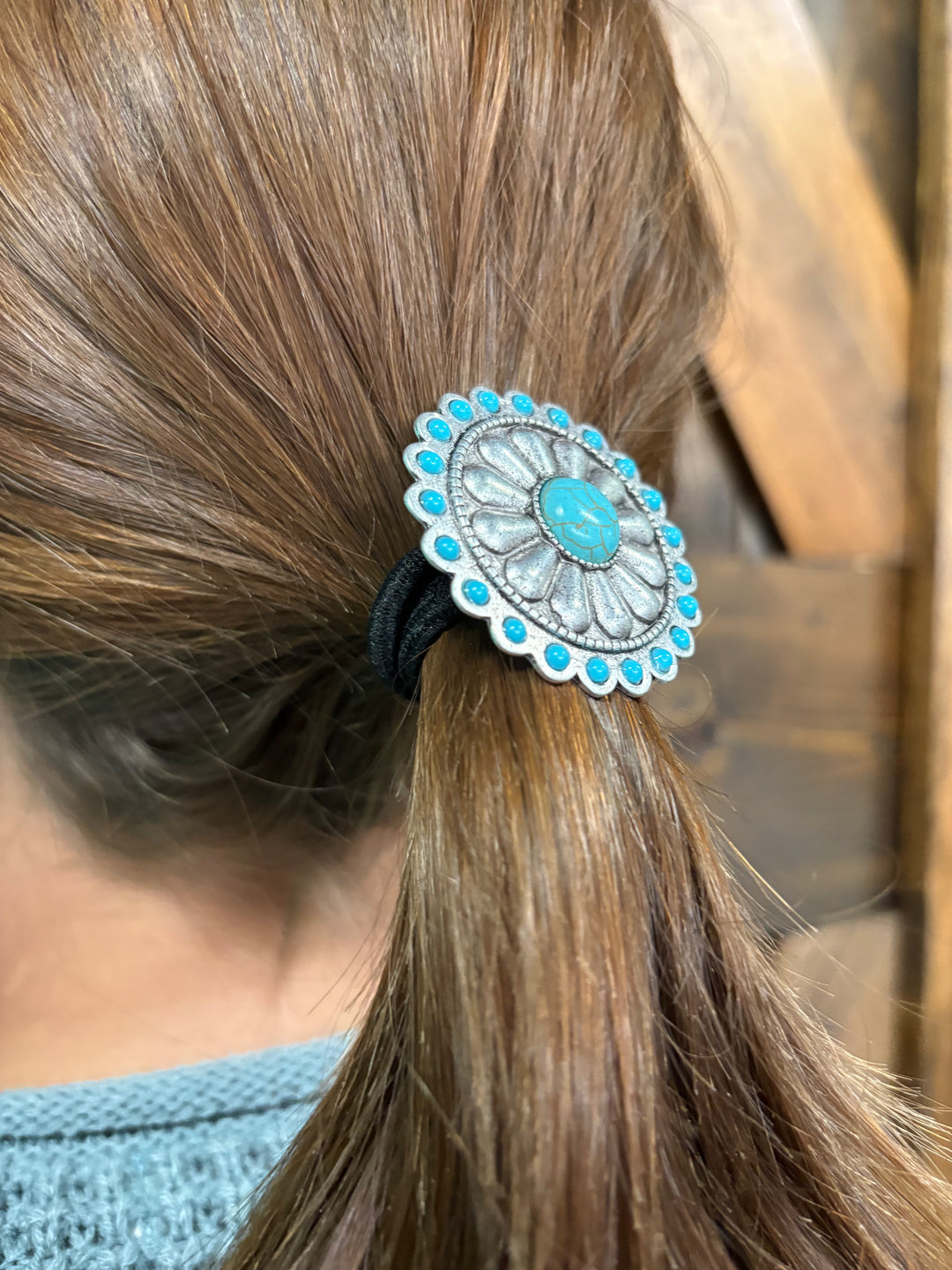 Silver Concho Hair Tie with Turquoise Stones