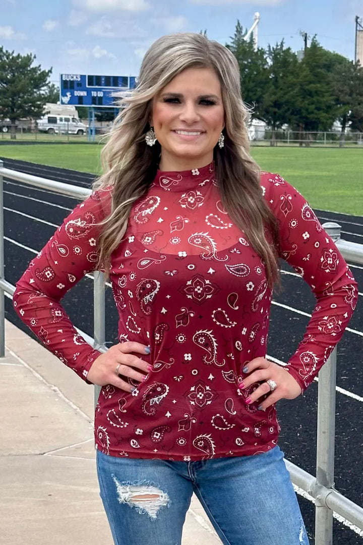 Sterling Kreek Bandana Babe Maroon Mesh Top