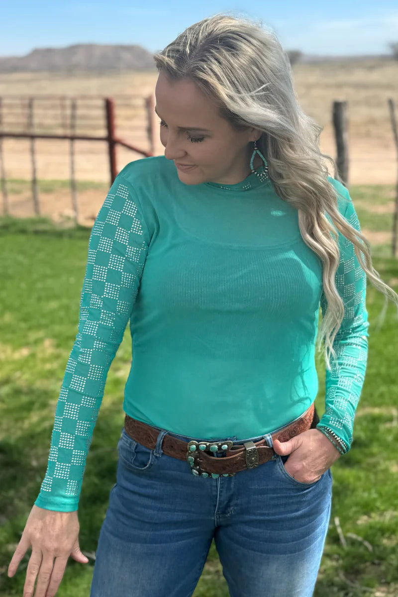 Sterling Kreek Checked In Turquoise Mesh Top