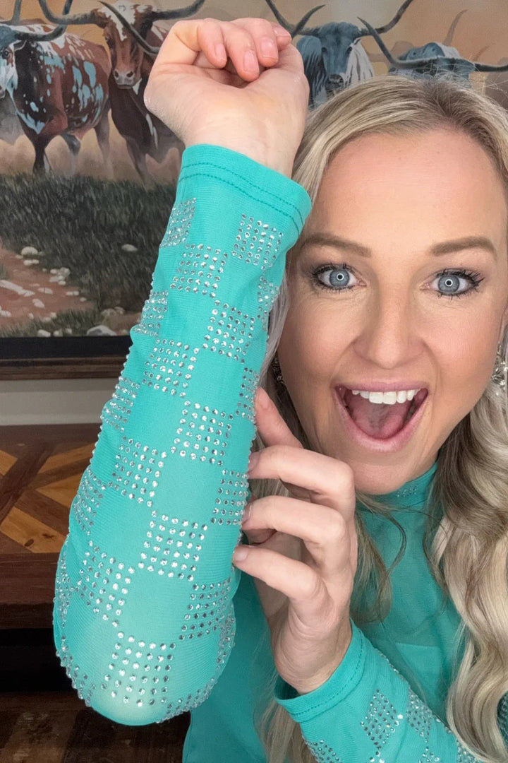 Sterling Kreek Checked In Turquoise Mesh Top