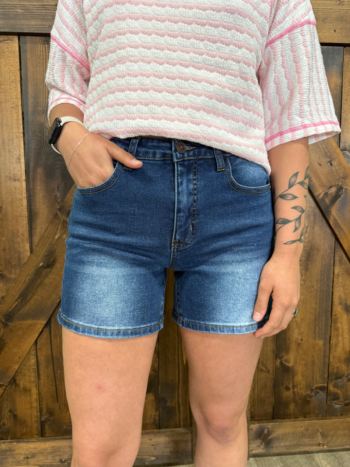 Stone Wash Mid Rise Stretch Denim Shorts
