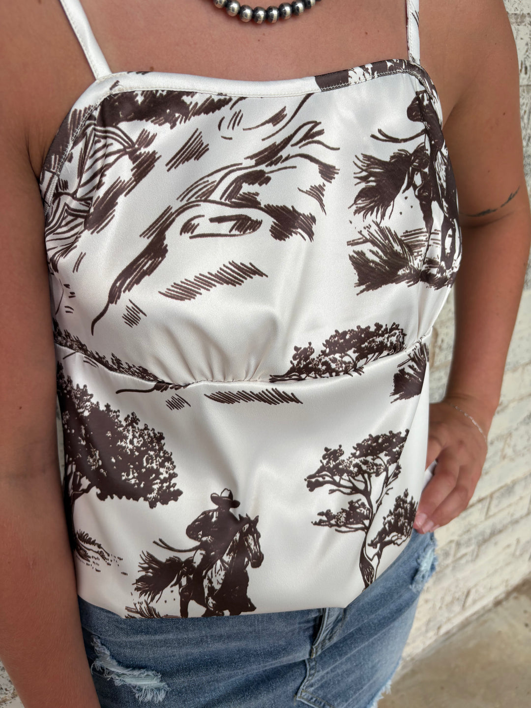 Stranded Cowboy Printed Satin Spaghetti Strap Top*