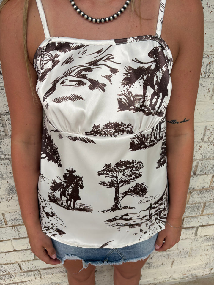 Stranded Cowboy Printed Satin Spaghetti Strap Top*