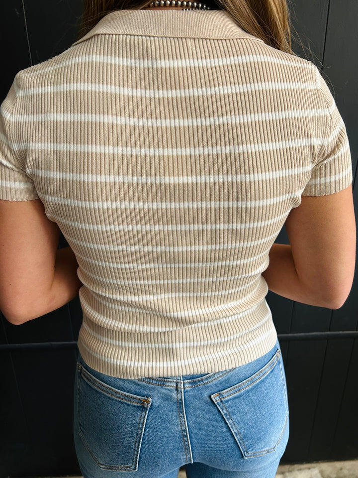 Striped Collared Short Sleeve Sweater Knit Top