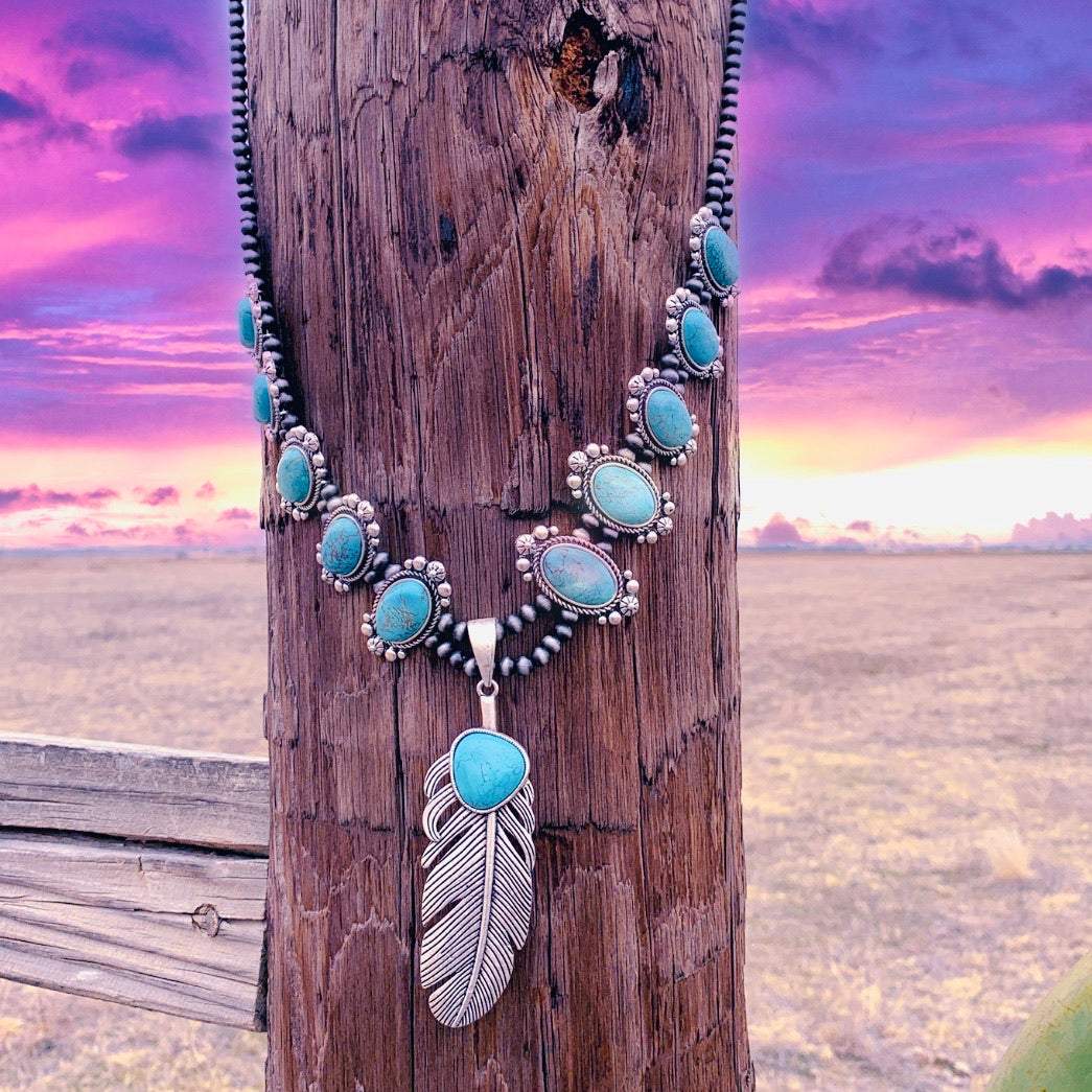 Turquoise Tanager Feather Necklace | gussieduponline