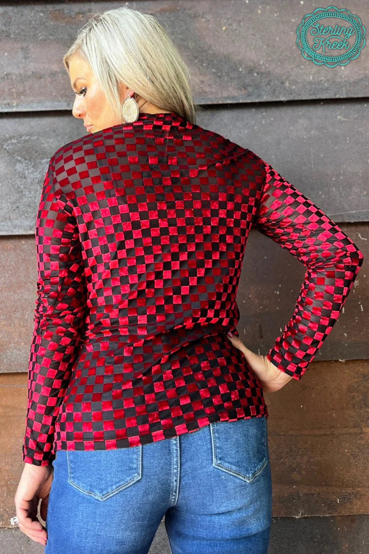 Sterling Kreek Red & Black Velvet Mesh Pep Rally Top | gussieduponline