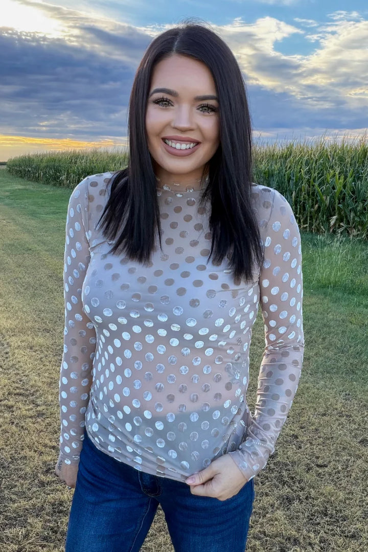 Mocha Dot Velvet Long Sleeve Mesh Top
