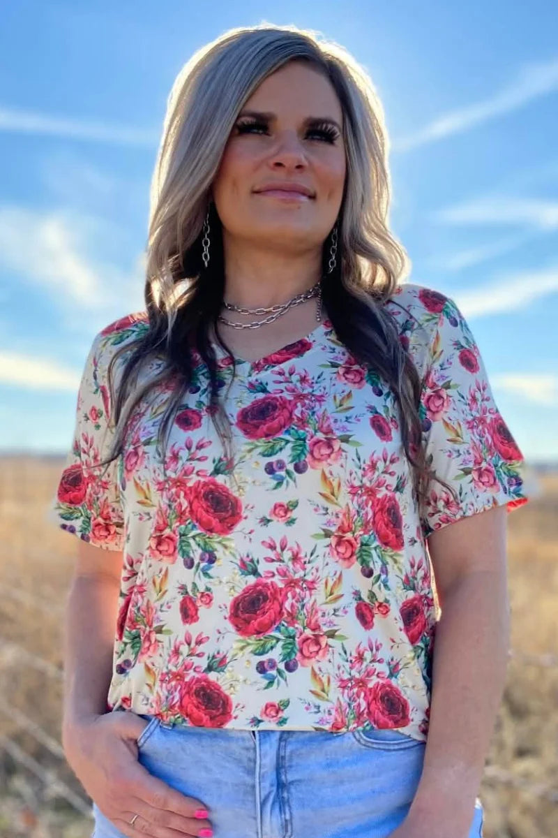 Sterling Kreek Porcelain Petals V Neck Top