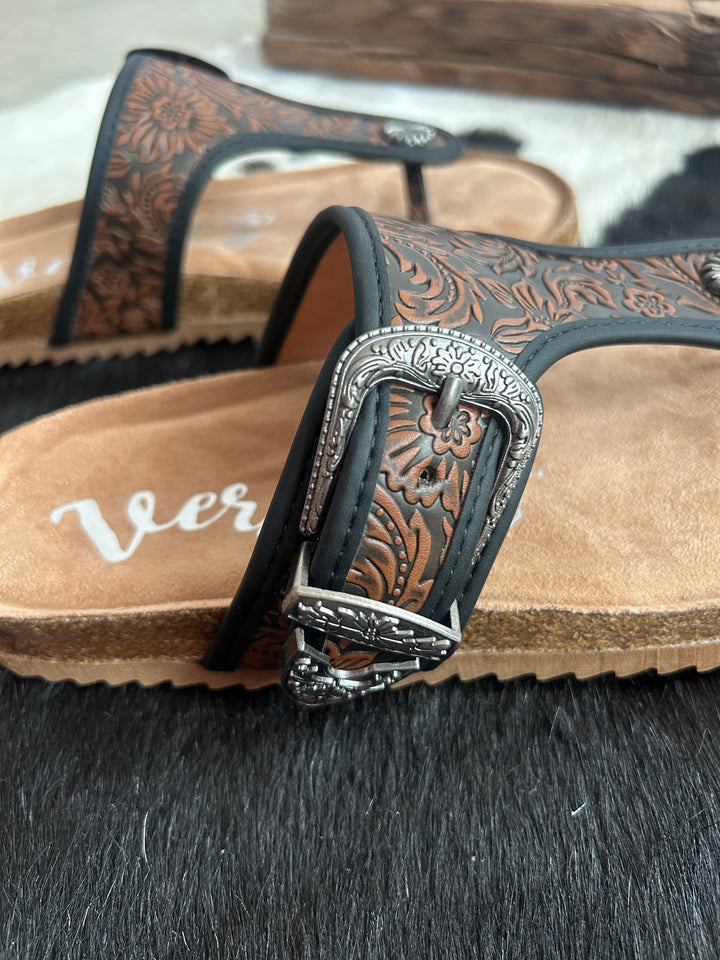 Very G Black Chocolate Tooled Texas Sandals