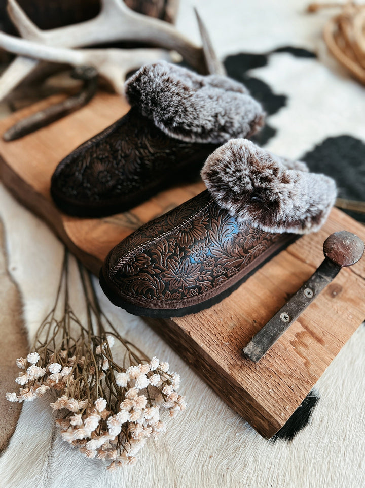 Very G Tooled Print Faux Leather Fuzzy Slippers (Copy) | gussieduponline