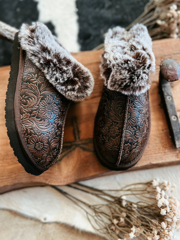 Very G Tooled Print Faux Leather Fuzzy Slippers (Copy) | gussieduponline